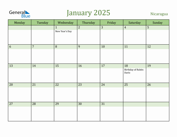 January 2025 Calendar with Nicaragua Holidays