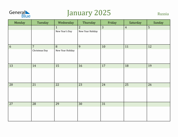 January 2025 Calendar with Russia Holidays