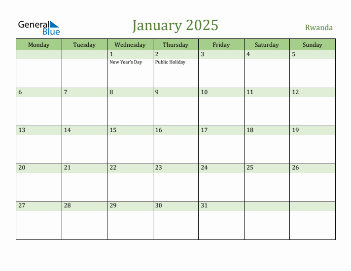 January 2025 Calendar with Rwanda Holidays