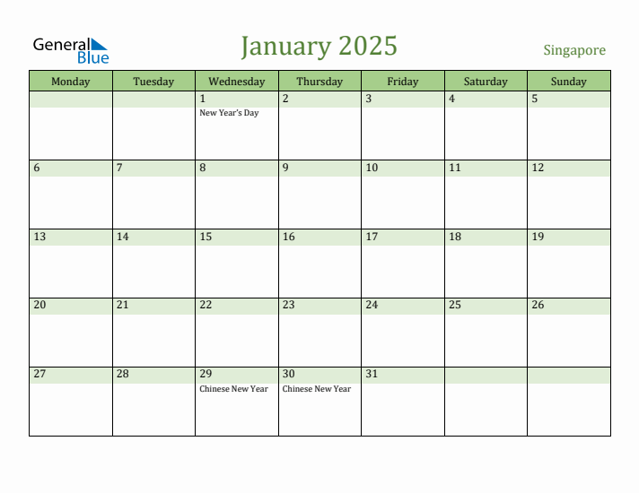 January 2025 Calendar with Singapore Holidays