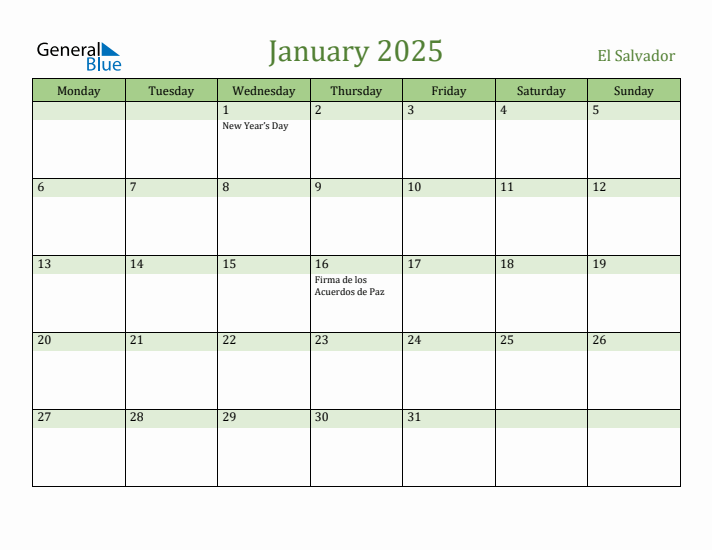 January 2025 Calendar with El Salvador Holidays