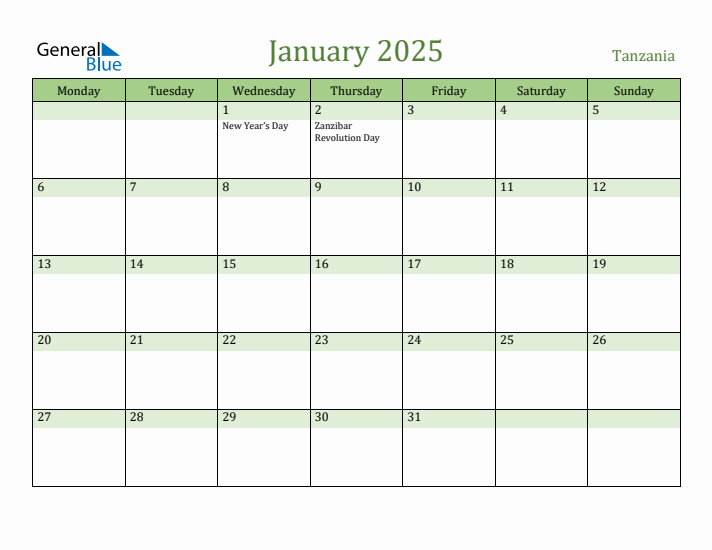 January 2025 Calendar with Tanzania Holidays