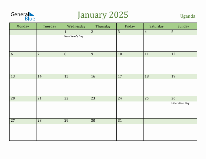 January 2025 Calendar with Uganda Holidays