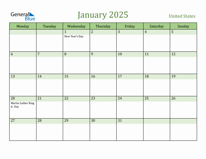 January 2025 Calendar with United States Holidays