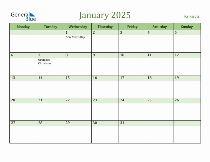 January 2025 Calendar with Kosovo Holidays