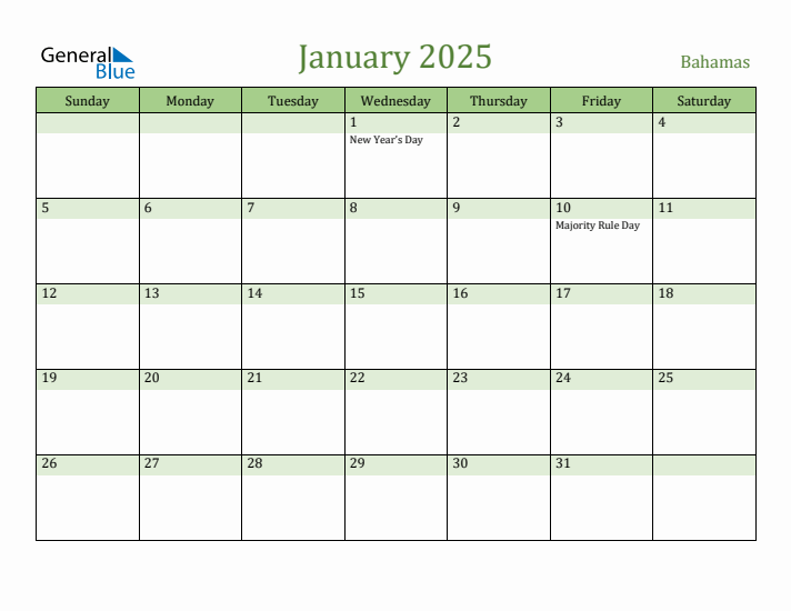 January 2025 Calendar with Bahamas Holidays