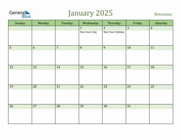 January 2025 Calendar with Botswana Holidays