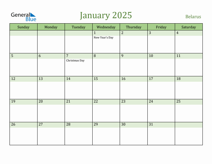 January 2025 Calendar with Belarus Holidays