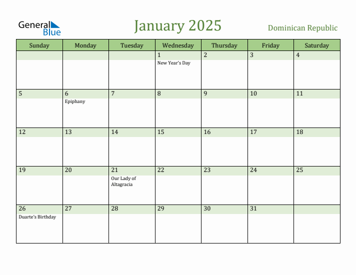 January 2025 Calendar with Dominican Republic Holidays