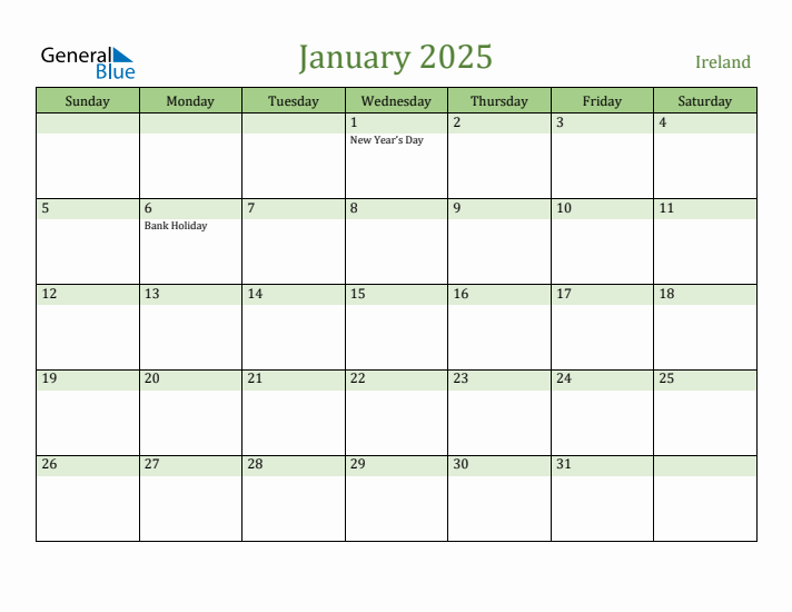 January 2025 Calendar with Ireland Holidays