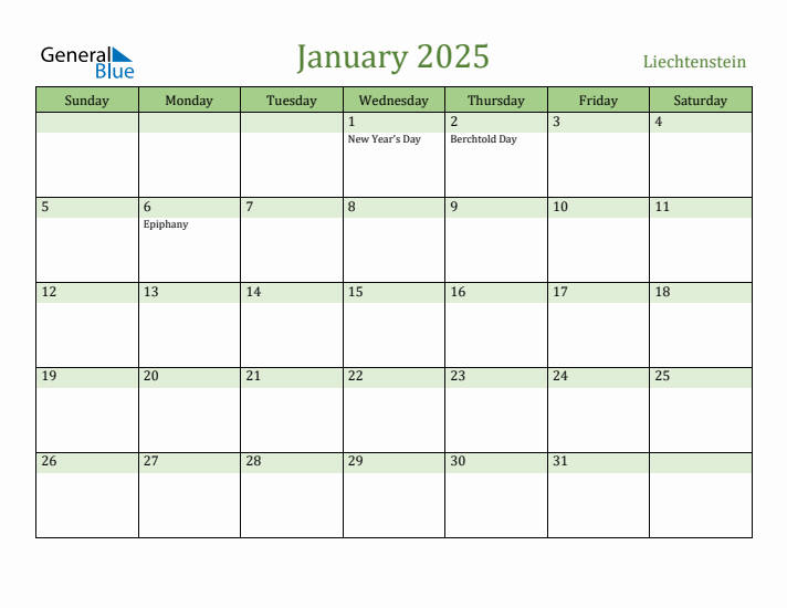 January 2025 Calendar with Liechtenstein Holidays