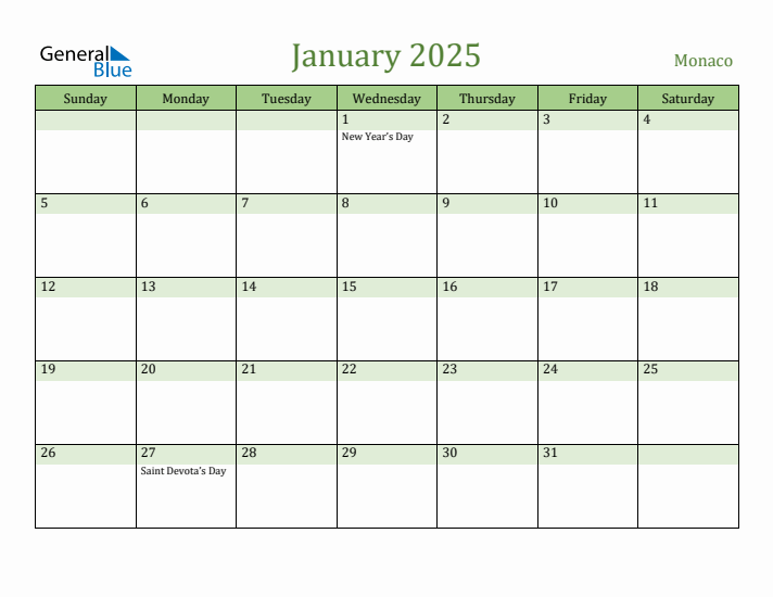 January 2025 Calendar with Monaco Holidays