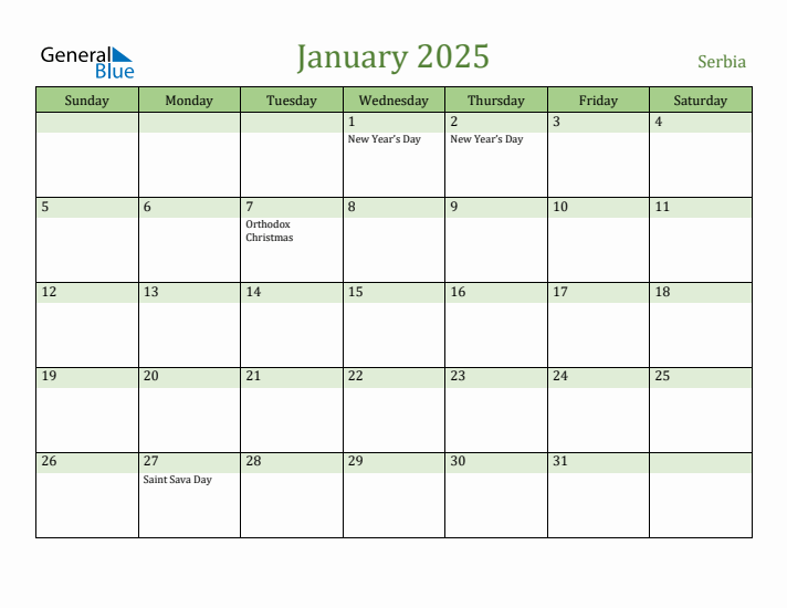 January 2025 Calendar with Serbia Holidays