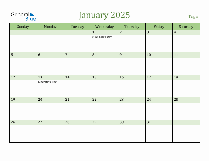 January 2025 Calendar with Togo Holidays