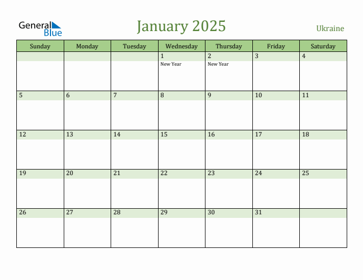 January 2025 Calendar with Ukraine Holidays