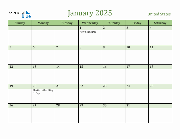 January 2025 Calendar with United States Holidays