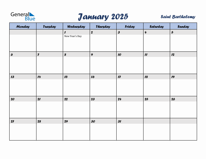 January 2025 Calendar with Holidays in Saint Barthelemy