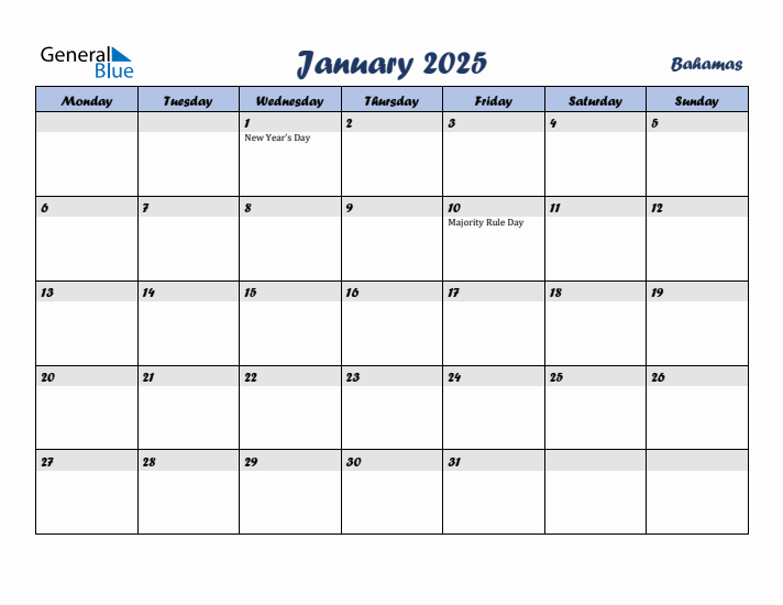 January 2025 Calendar with Holidays in Bahamas