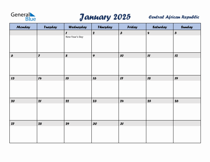 January 2025 Calendar with Holidays in Central African Republic