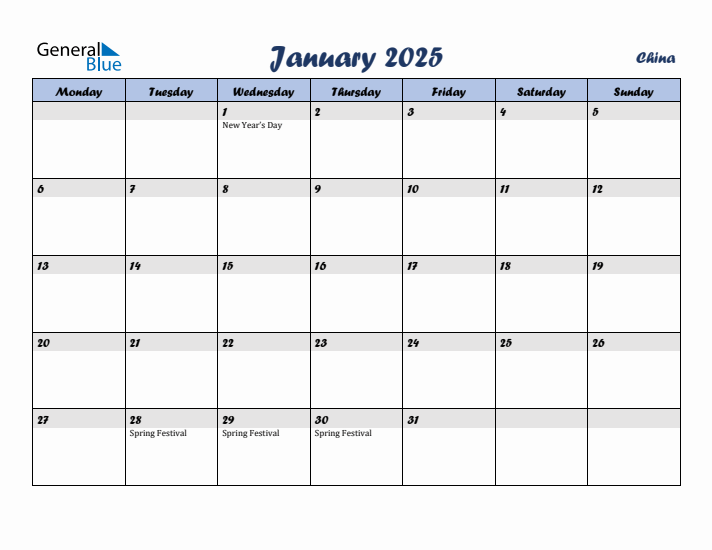 January 2025 Calendar with Holidays in China