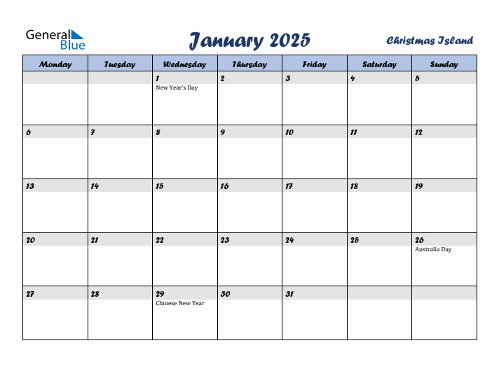 January 2025 Calendar with Holidays in Christmas Island