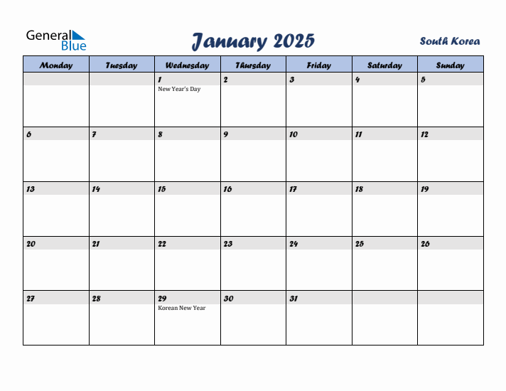 January 2025 Calendar with Holidays in South Korea