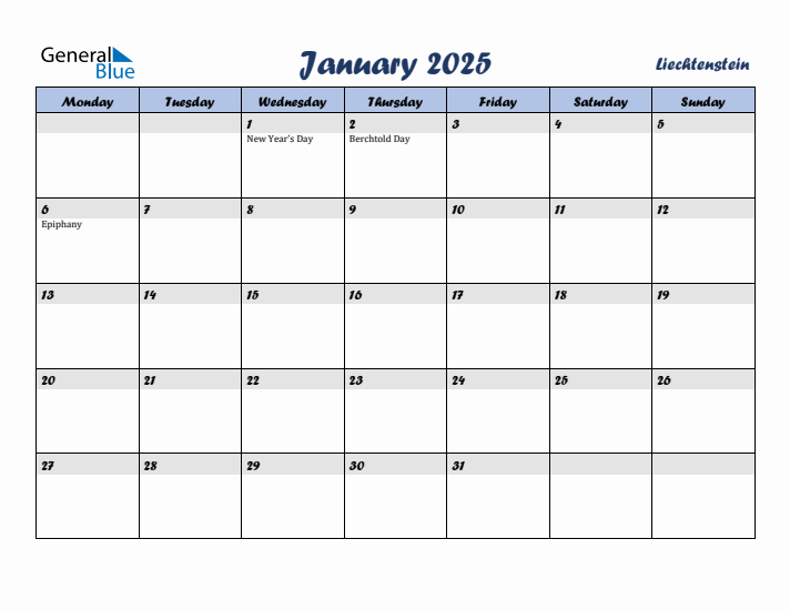 January 2025 Calendar with Holidays in Liechtenstein