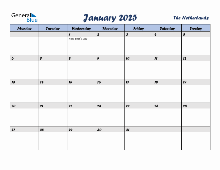 January 2025 Calendar with Holidays in The Netherlands