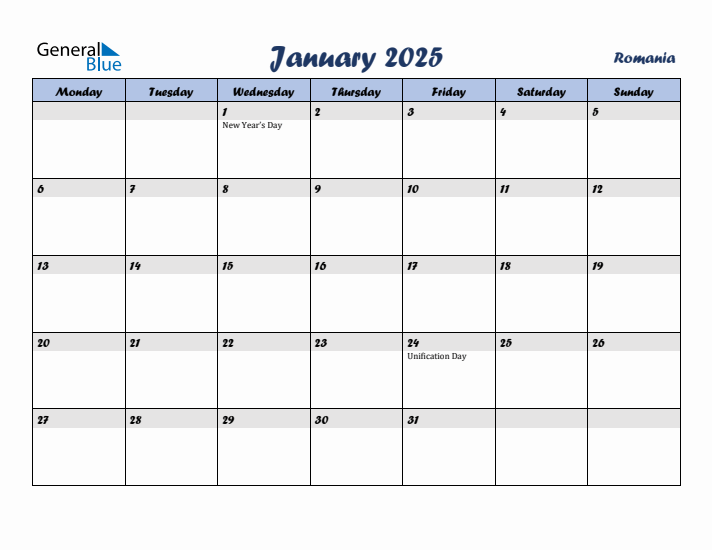 January 2025 Calendar with Holidays in Romania