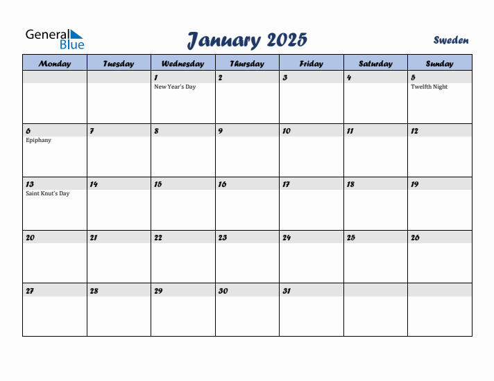 January 2025 Calendar with Holidays in Sweden