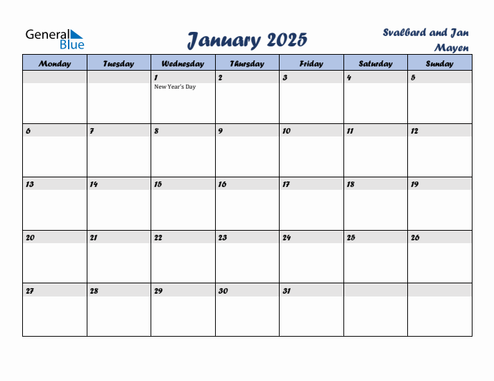 January 2025 Calendar with Holidays in Svalbard and Jan Mayen