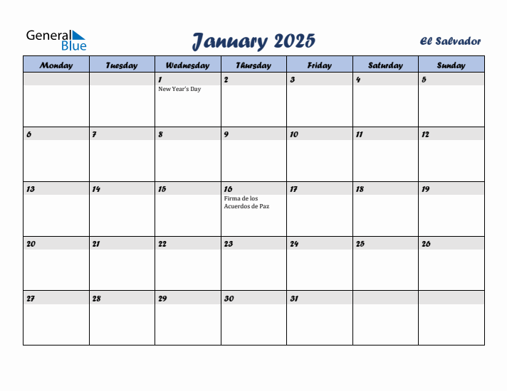 January 2025 Calendar with Holidays in El Salvador