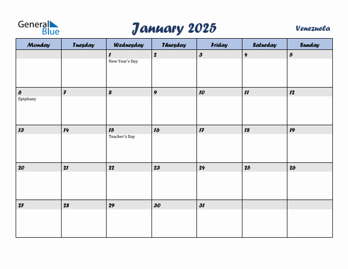 January 2025 Calendar with Holidays in Venezuela