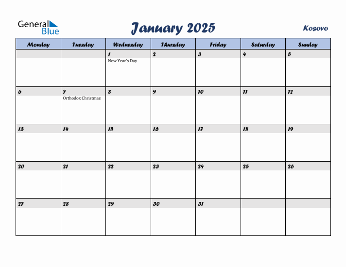 January 2025 Calendar with Holidays in Kosovo