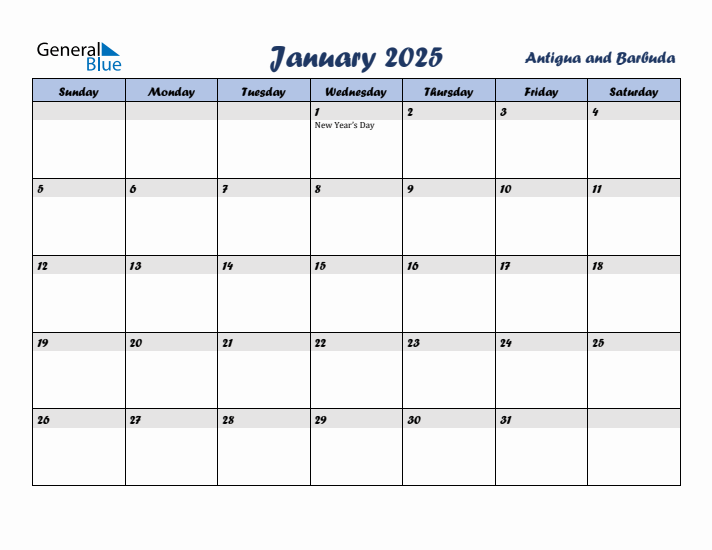 January 2025 Calendar with Holidays in Antigua and Barbuda