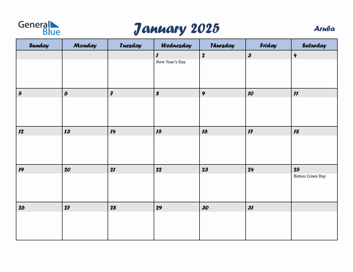 January 2025 Calendar with Holidays in Aruba