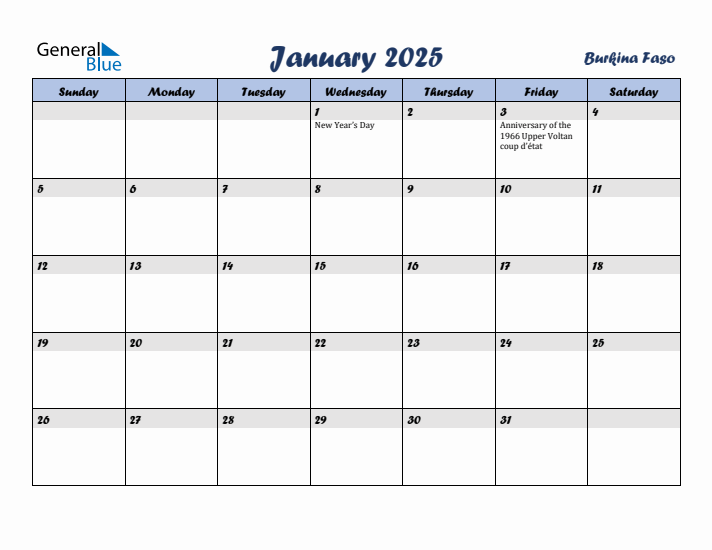 January 2025 Calendar with Holidays in Burkina Faso