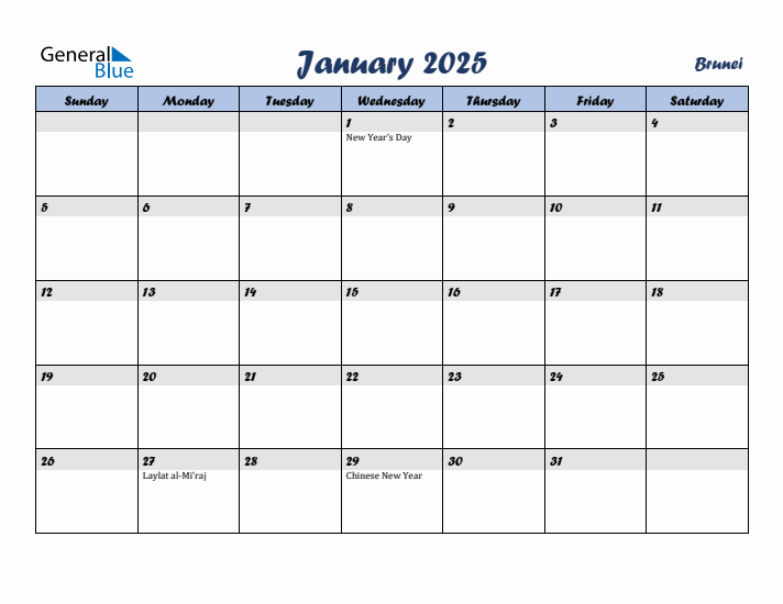 January 2025 Calendar with Holidays in Brunei