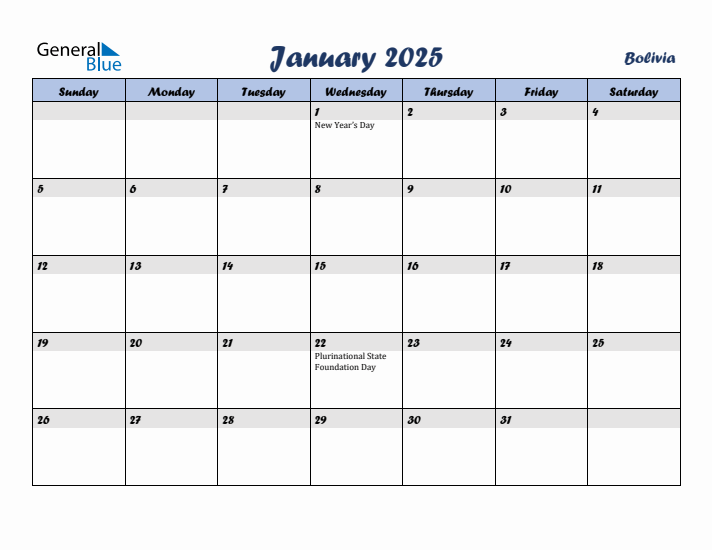 January 2025 Calendar with Holidays in Bolivia