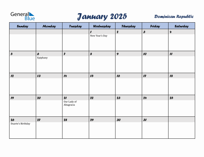 January 2025 Calendar with Holidays in Dominican Republic