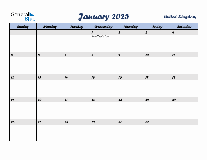 January 2025 Calendar with Holidays in United Kingdom