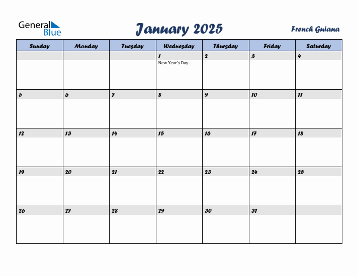 January 2025 Calendar with Holidays in French Guiana