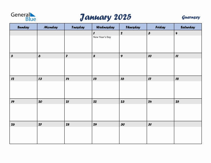 January 2025 Calendar with Holidays in Guernsey