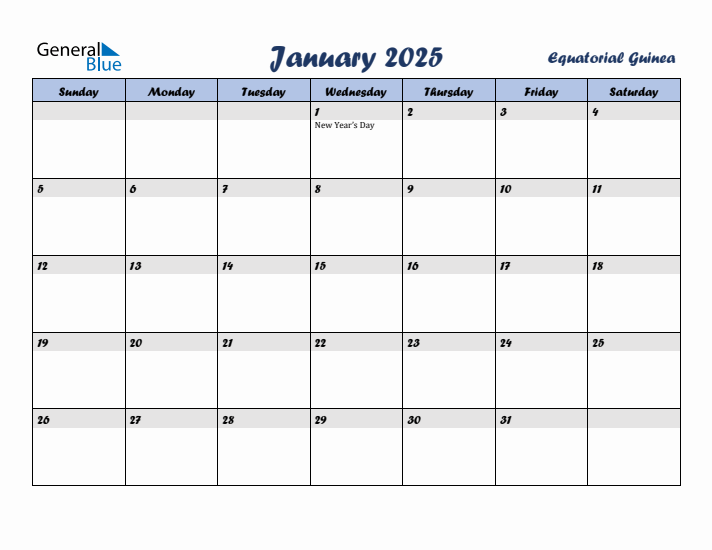 January 2025 Calendar with Holidays in Equatorial Guinea