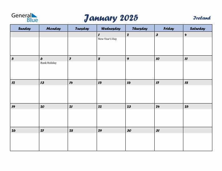 January 2025 Calendar with Holidays in Ireland