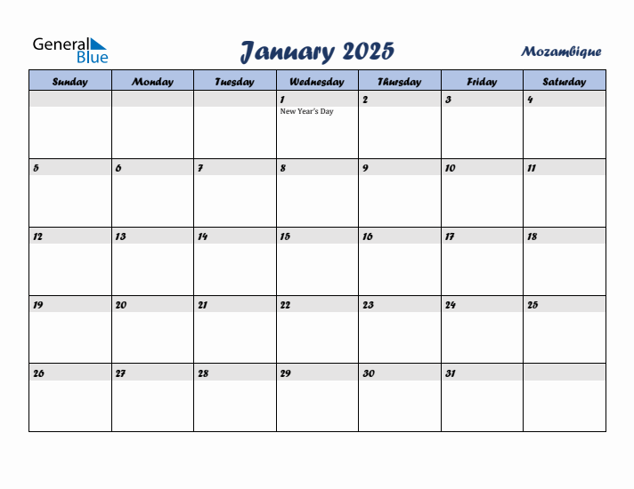 January 2025 Calendar with Holidays in Mozambique