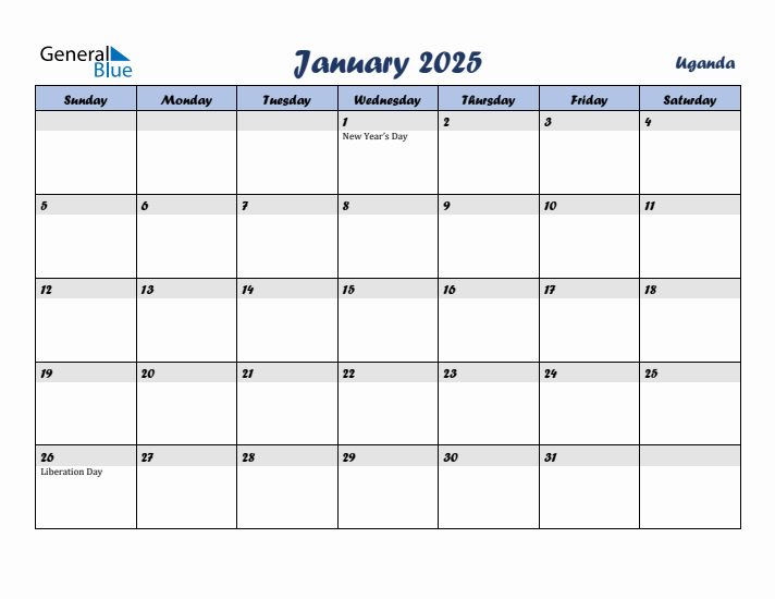 January 2025 Calendar with Holidays in Uganda