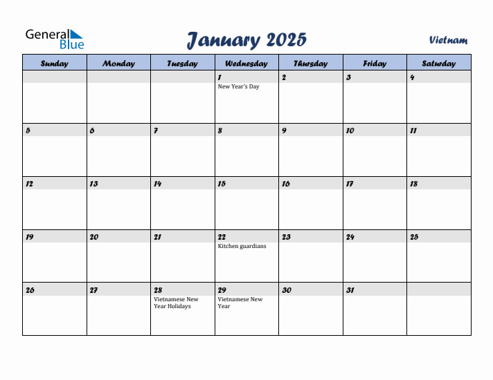 January 2025 Calendar with Holidays in Vietnam