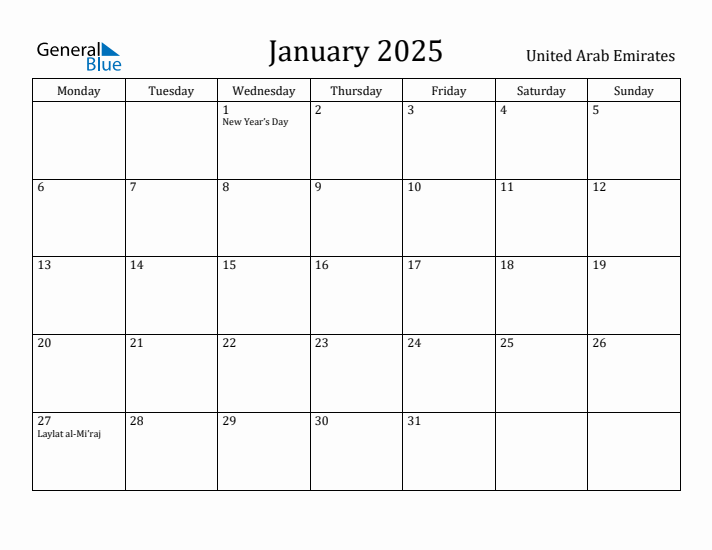 January 2025 Calendar United Arab Emirates