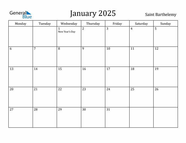 January 2025 Calendar Saint Barthelemy